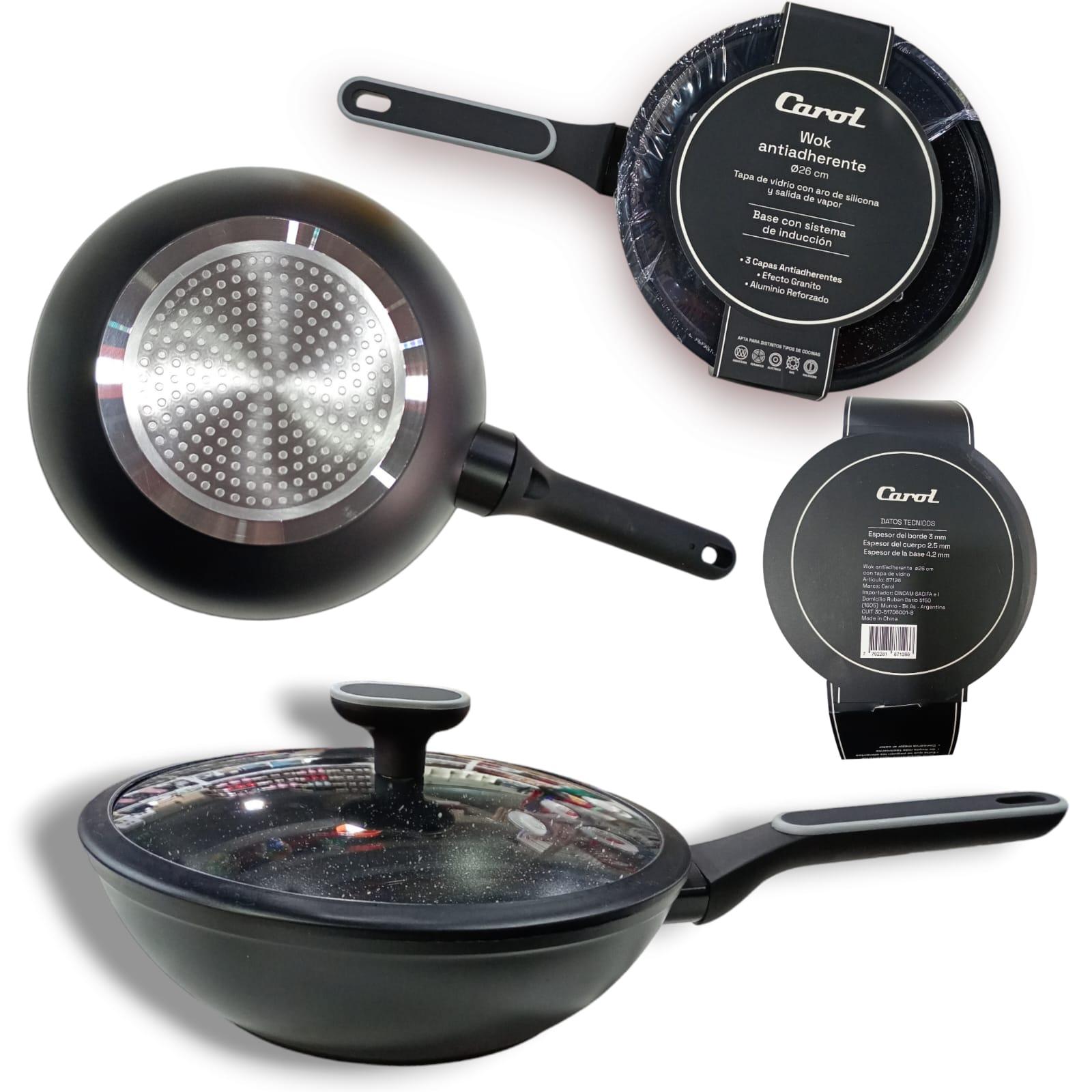 WOK ANTIADHERENTE EFECTO GRANITO CON TAPA-CAROL-NEGRO-26CM