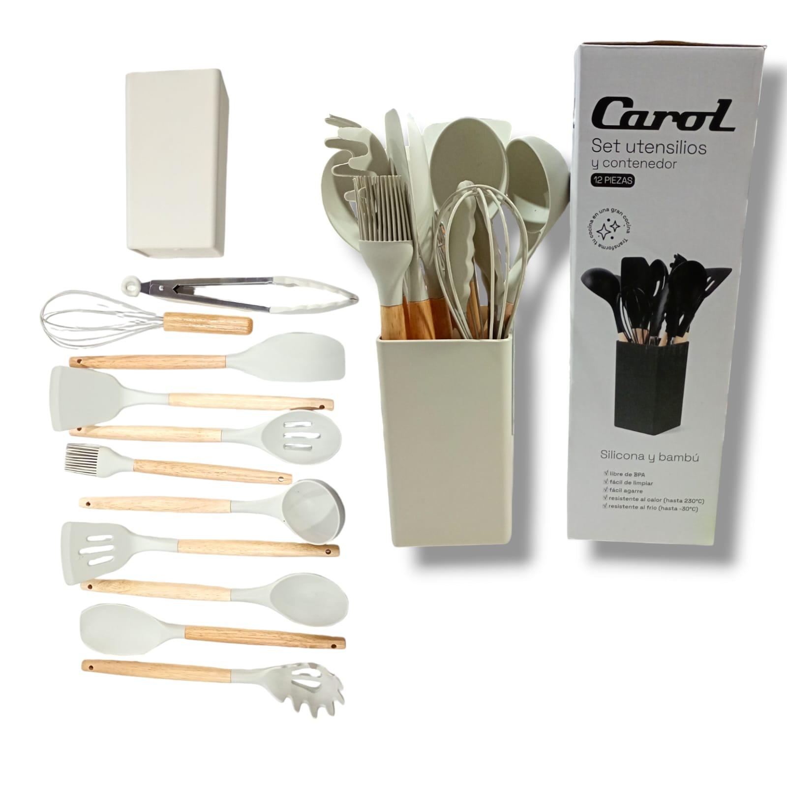 SET DE UTENSILLOS X12 PCS- CAROL-MADERA+SILICONA-32CM