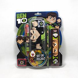 SET ESCOLAR Ben 10 Cartuchera Goma Lápiz Sacapuntas Regla Bolígrafo de 6 colores